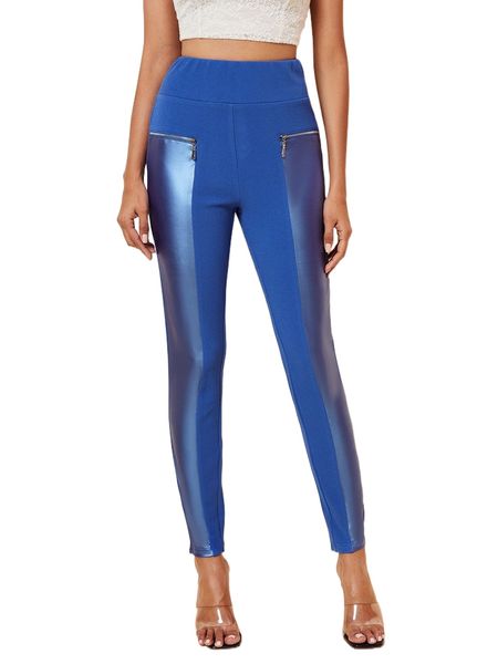 

wide waistband zipper front pu leather panel pants k3vk#, Black;white