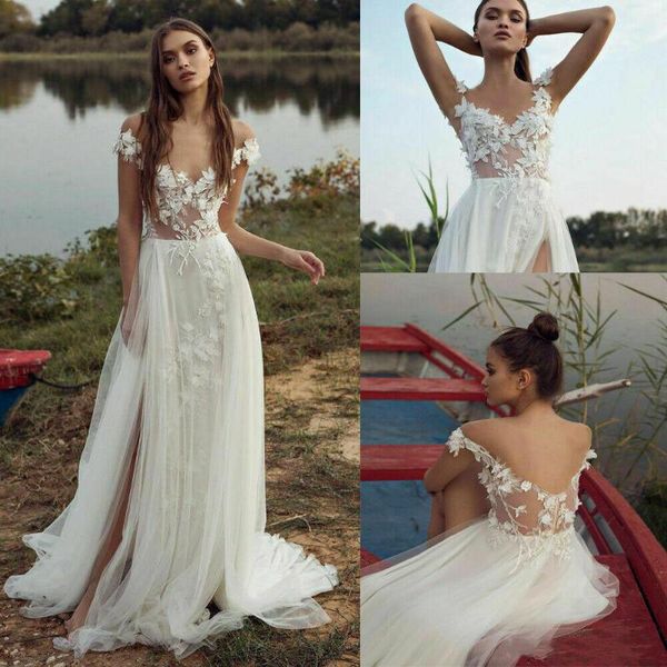 Altri abiti da sposa Boho Off The Shoulder 3D Appliques in pizzo floreale Abito da sposa da spiaggia Abito da giardino con spacco laterale Vestido De NoivaAltro