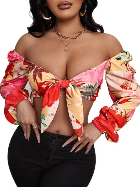 

sxy floral print off shoulder tie front lantern sleeve blouse v4bg#, White