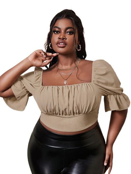 

sxy plus ruched bust square neck flounce sleeve crop blouse o3x5#, Black