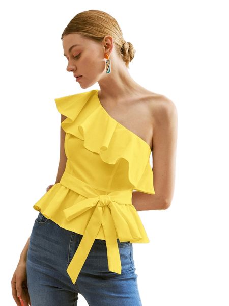 

one shoulder ruffle trim peplum belted blouse x6n6#, White