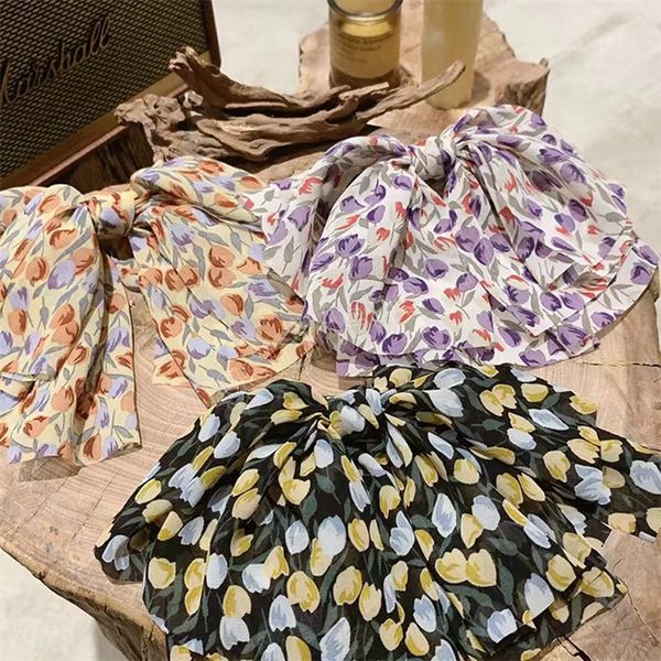 

woman summer chiffon floral large scrunchies bowknot girls hair ties women hair accessories elastic hairband headwear, Slivery;white