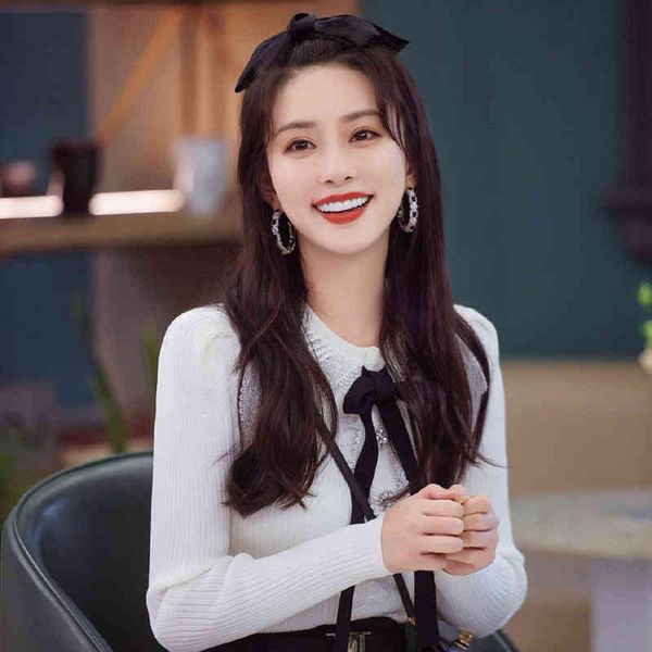 

women's polos lace hollow out doll neck bow long sleeve cardigan college style pearl buckle lace pure coat sweater dysm, White