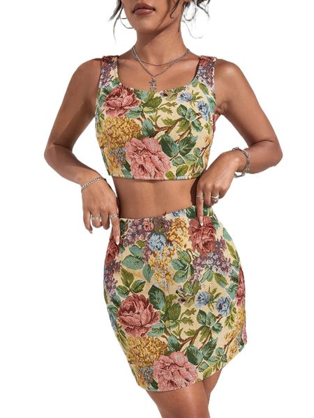 

floral print zip back tank & skirt n9of#, White