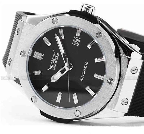 

wrist watch jaragar brands silver stainless steel case analog automatic mechanical silicon sports mens watches with date, Slivery;brown