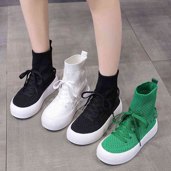 

women's stretch fabric knitted sock boots 2022 autumn slip on flat platform ankle boots woman green thick sole hollow mesh shoes y22070, Black