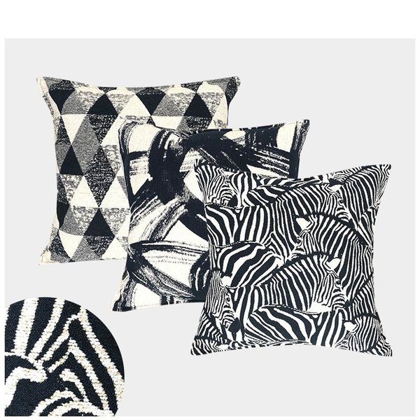 Almofada/travesseiro decorativo preto e branco estampa de animais chenille jacquard almofada almofadas de decoração para sofá zebra mole pílula estética