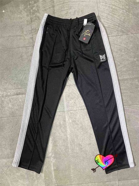

silvery white stripe needles pants 2021 men women awge butterfly embroidered needles track pants trousers t220803, Black