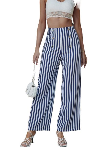 

striped print fake button front pants c71a#, Black;white