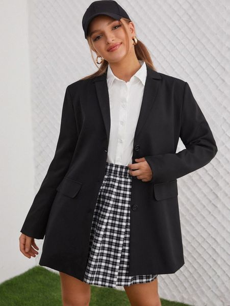 

solid button front longline blazer k5zm#, White