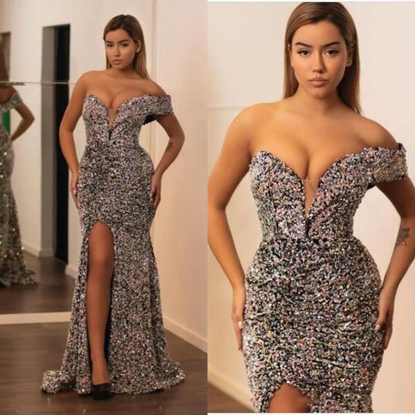 

glitter sequin mermaid prom dresses 2022 side slit formal gowns saudi arabic party night vestidos de noite evening gowns b0417245x, Black