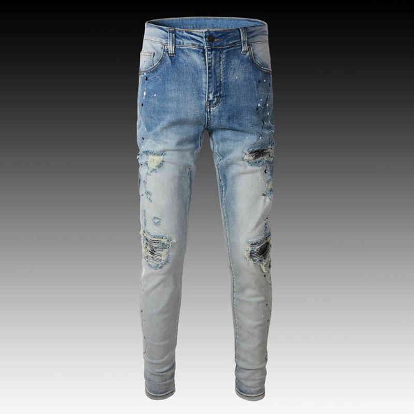 

men's jeans high street hole breaking fashion brand high-end youth trend light blue water wash elastic slim fitting denim men's pa