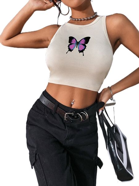 

butterfly print crop tank z6mk#, White