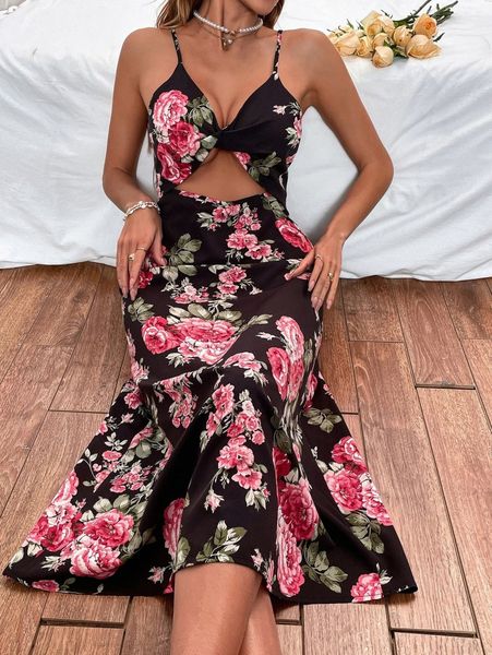 

floral print cut out twist cami dress 43zd#, Black;gray