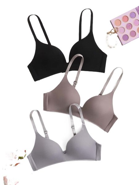 

3pack solid wireless bra set r7e9#, Black;red