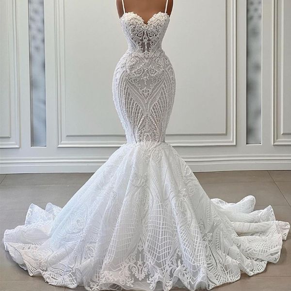 

luxury beads mermaid wedding dresses sweetheart sleeveless appliques princess bride gowns lace pearls robe de mariee, White
