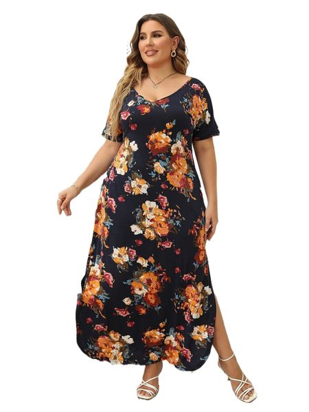 

plus floral print split hem dress w2lr#, Black