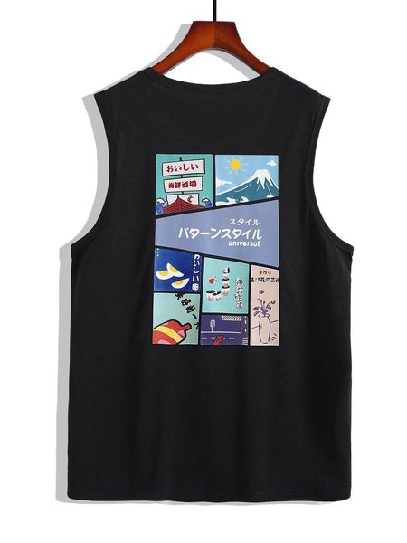 

men mountain & japanese letter graphic tank i0oj#, White;black
