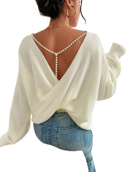 

crossover back pearls beaded drop shoulder sweater l9ey#, White;black