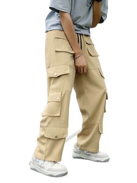 

men drawstring waist flap pocket cargo pants m11q#, Black