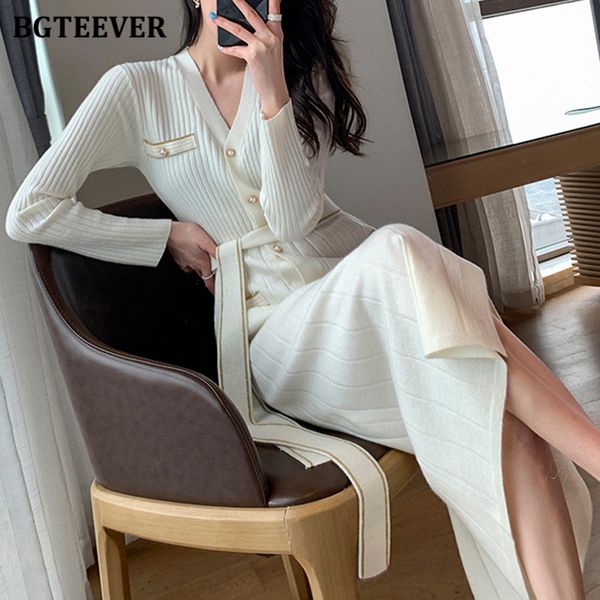 

autumn winter v-neck women knitted a-line dress full sleeve single-breasted lace-up female sweater dress vestidos 2021, Black;gray