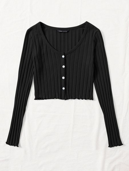 

button front lettuce trim rib-knit tee q1ds#, White