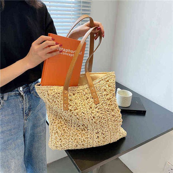 

shopper summer woven women handbags straw casual beach ladies tote large korean fashion female shoulder bag hollow girl purses 220512