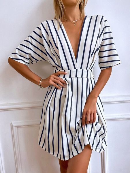 

striped plunging neck fold pleated detail dress q8o5#, Black;gray