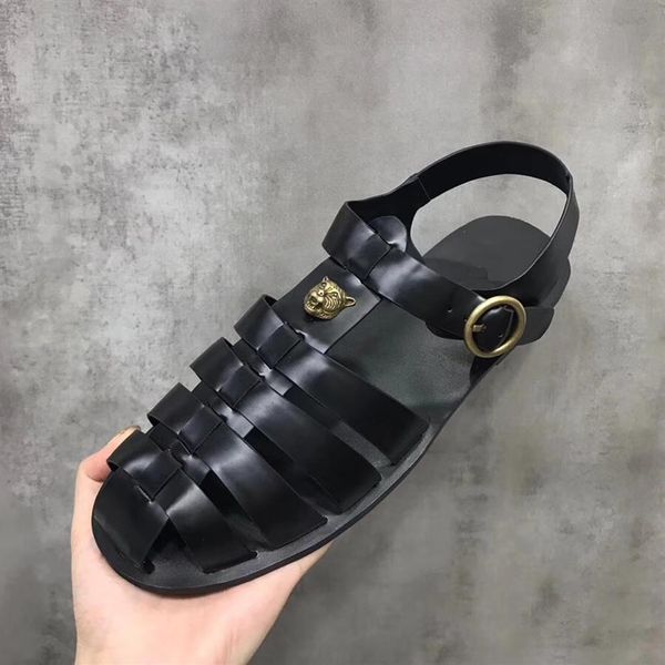 

brand design metal rivets men cow leather flat sandals summer outdoor sports beach slippers fashion casual golden tiger moccasins 293j, Black