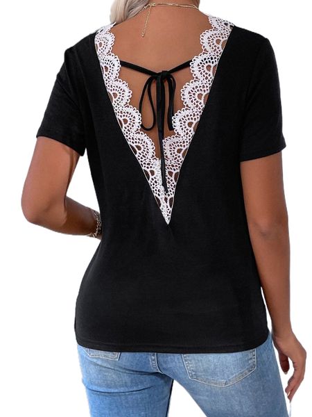

contrast guipure lace tie back tee z42j#, White