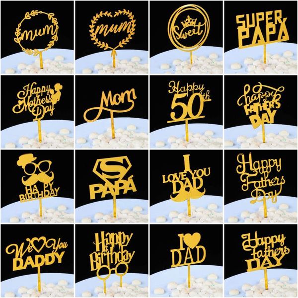 Outros estilos de festas festivas estilos acrílico Gold Happy Pais do Dia das Mães Topper Love You Dad Ever Cupcake Decoração