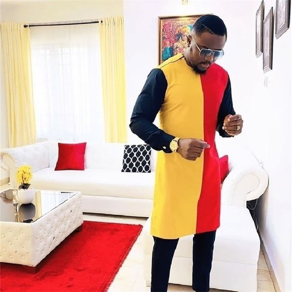 

red yellow and black patchwork shirt for men african fashion costume tailor made dashiki groom suits man traditional pant sets lj201117, Gray