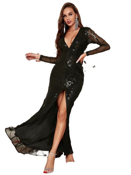 

plunging neck split thigh contrast mesh prom dress r0jg#, Black;gray