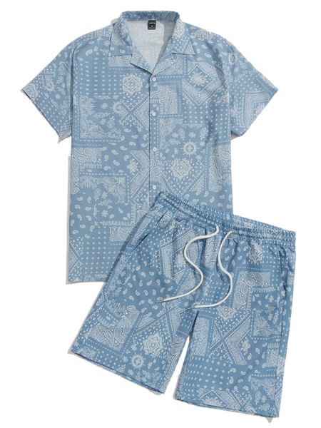

men paisley scarf print shirt & drawstring waist shorts c7ex#, Gray