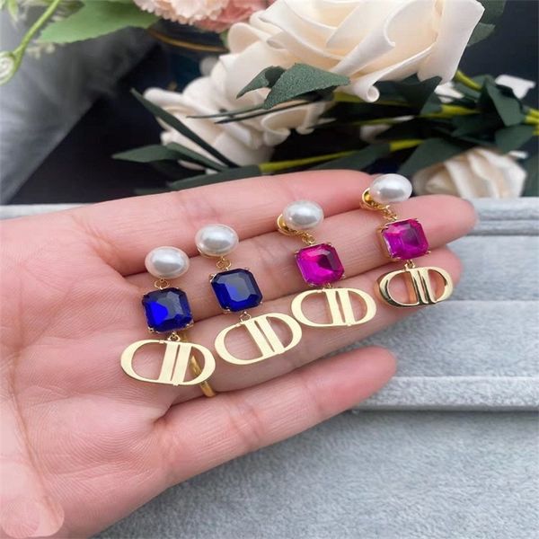 

80% off online letter inlaid with rectangular stone pearl long earrings 925 silver needle pendant tassel earrings, Golden