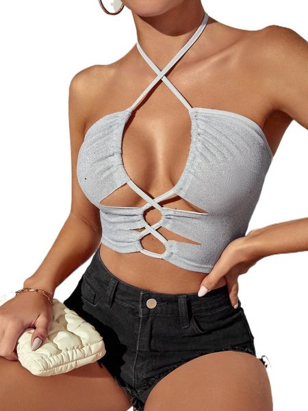 

lace-up backless metallic halter t1wb#, White