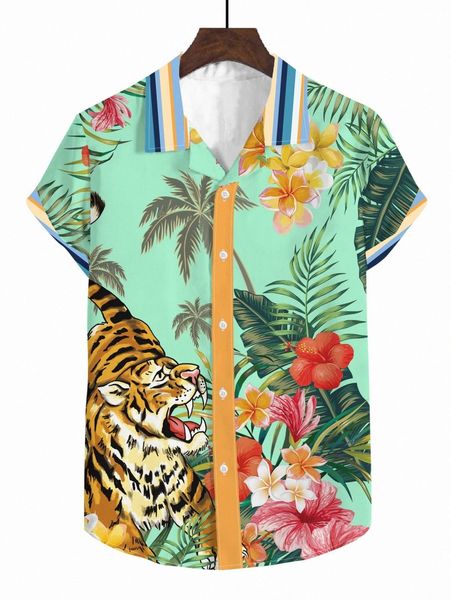 

men random tiger & tropical print shirt g46z#, White;black