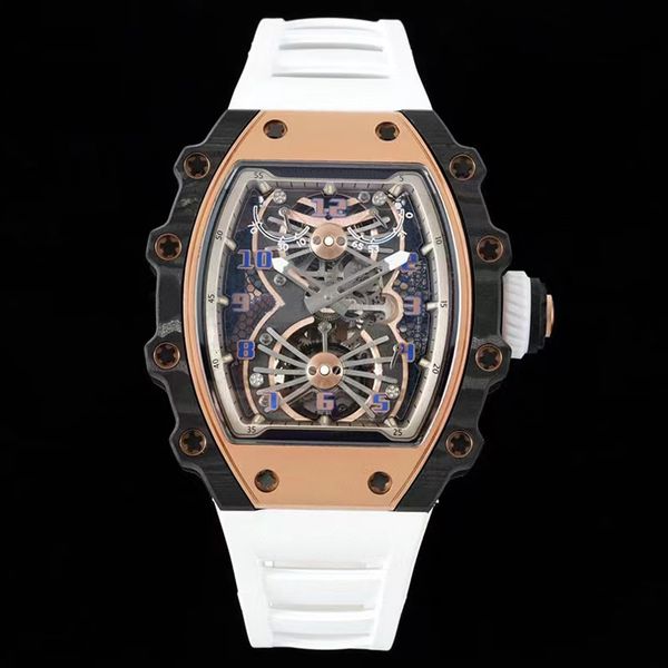 

2022 new version skeleton wheels rose gold watch carbon fiber case white rubber strap sapphire mens mechanical eta watches all function work, Slivery;brown