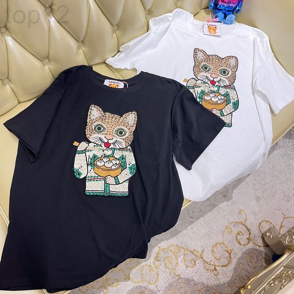

women's t-shirt designer 2022 early spring new heavy industry hand beaded kitten printed casual round neck short sleeve t-shirt women&#, White
