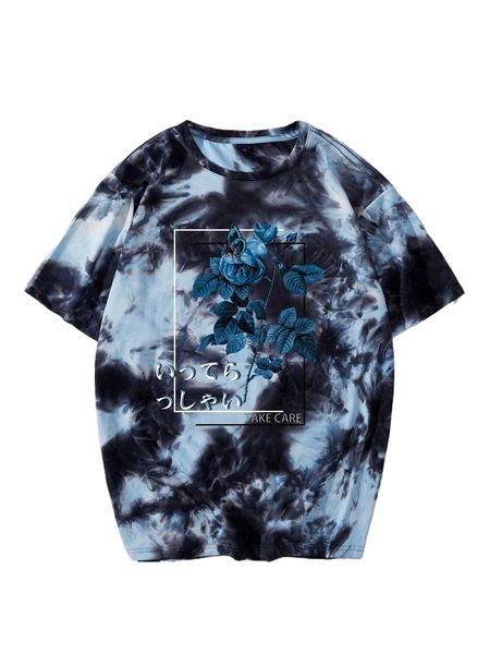 

men tie dye japanese letter & floral print tee b9ca#, White;black