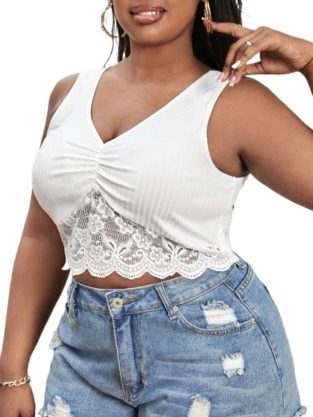 

sxy plus contrast lace ruched scallop trim tank c3l1#, Black