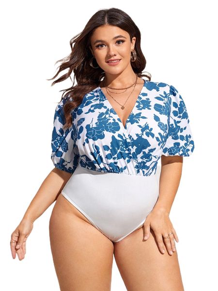 

plus floral print puff sleeve bodysuit j17z#, Black
