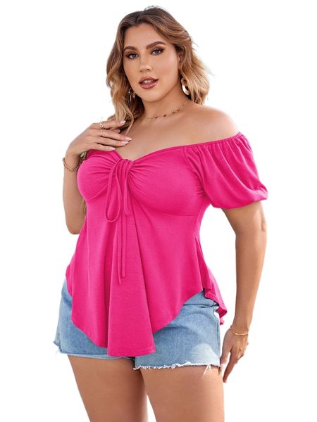 

plus off shoulder tie front curved hem tee t6fp#, Black