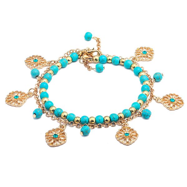 

2pcs/set bohemian turquoise stone beaded blue brick hollow flower plate flower ankle bracelets for women ankle chain, Red;blue