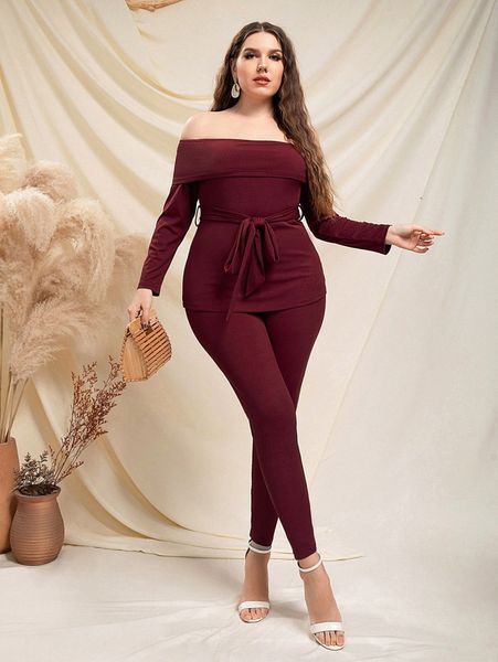 

plus off shoulder belted & leggings t5am#, Black
