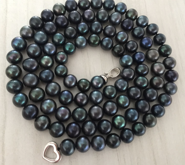 

8-9mm tahitian round black pearl necklace 35inch, Silver