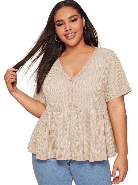 

plus button detail waffle knit smock d8ic#, Black