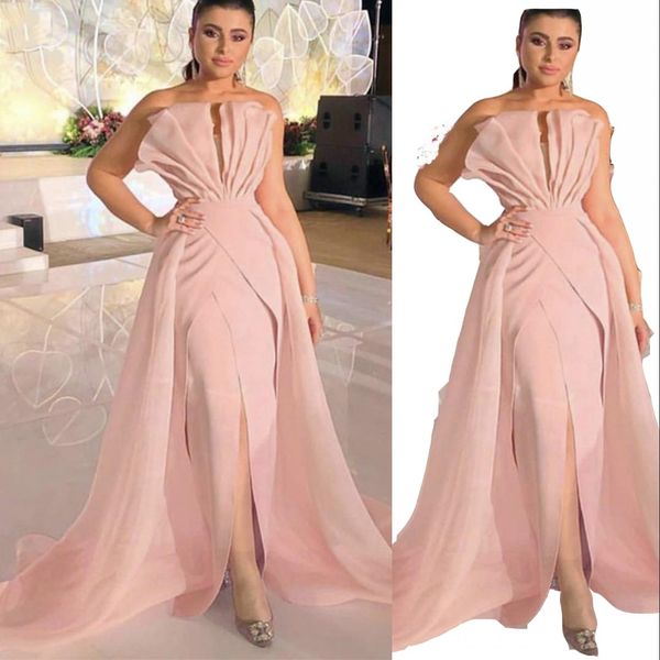 2022 Basit Vintage Denizkızı Gece Elbise Pembe Yumuşak Leke Resmi Elbise Zarif Parti Elbise Balo Çıkarılabilir Tren Vestidos De Fiesta