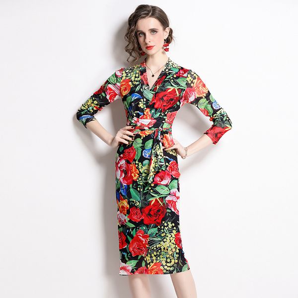 

casual women dress v neck fashion floral printing vestidos elegant lady sashes sliming bottom dresses, Black;gray