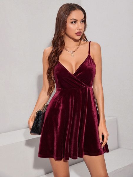 

surplice neck velvet cami dress 33he#, Black;gray